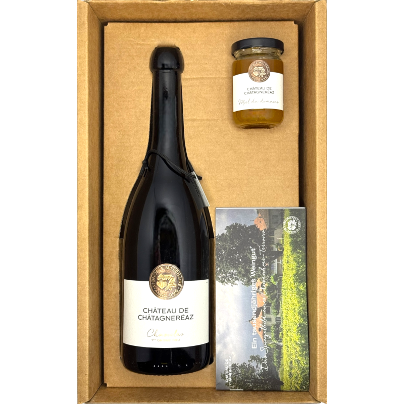 Coffret 1 bout. Châtagneréaz et 1 pot de miel, Chasselas 1er Grand Cru, La Côte AOC - 75 cl